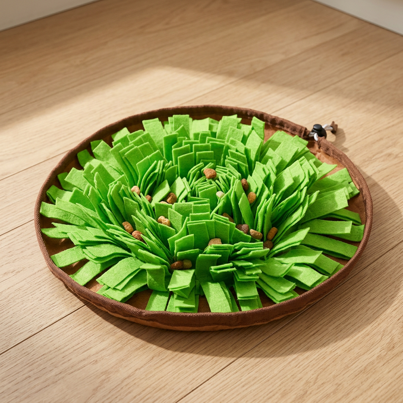 2-in-1 felt snuffle mat laid flat with kibble hidden in the felt strips, shown in Grass Green