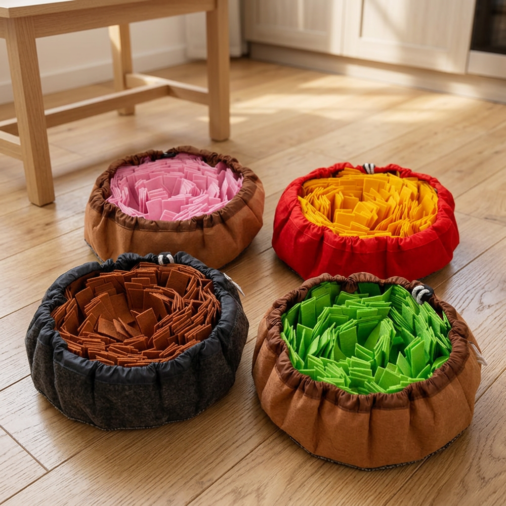2-in-1 felt snuffle mats drawn up as snuffle bowls on a kitchen floor