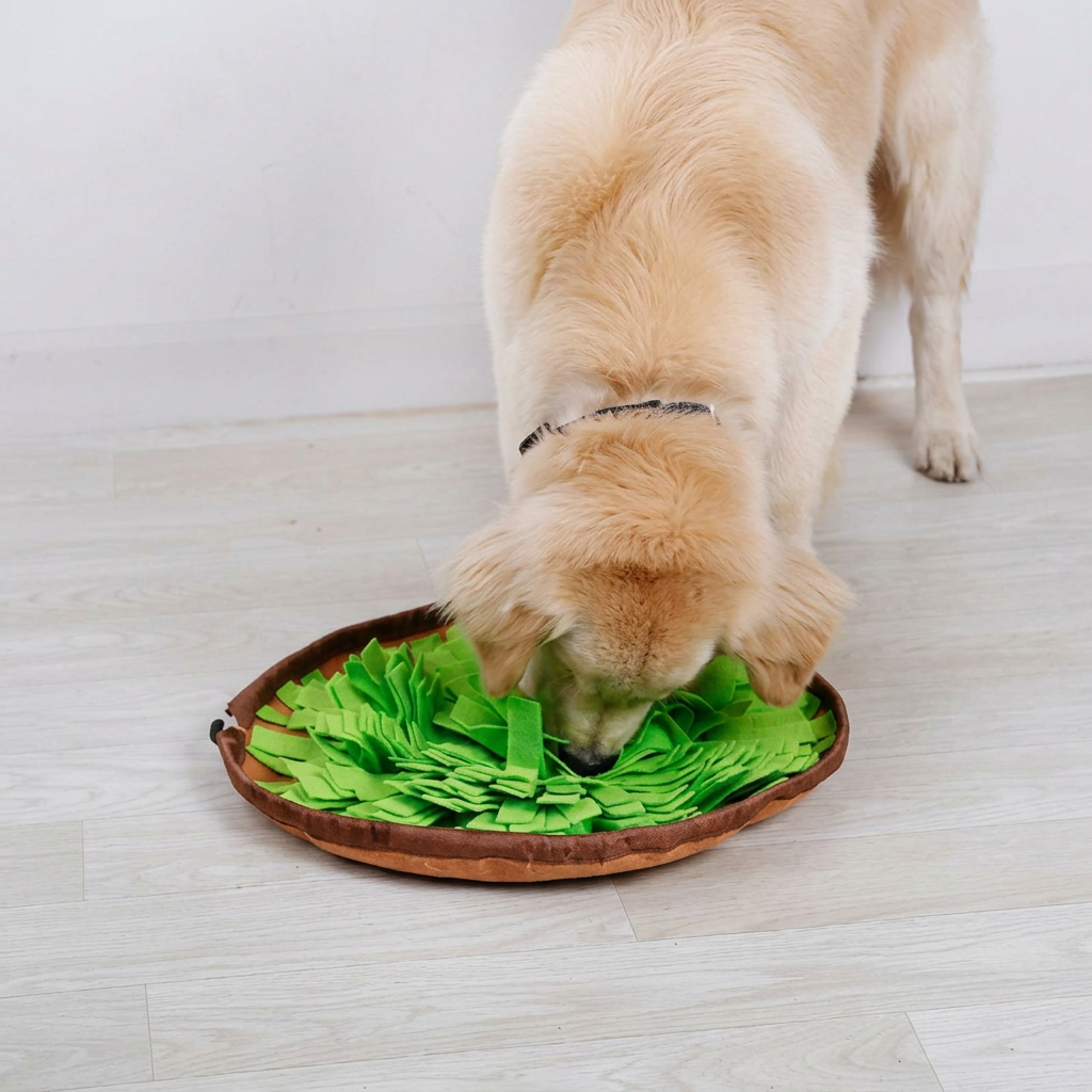 Dog sniffing for food in the open snuffle mat