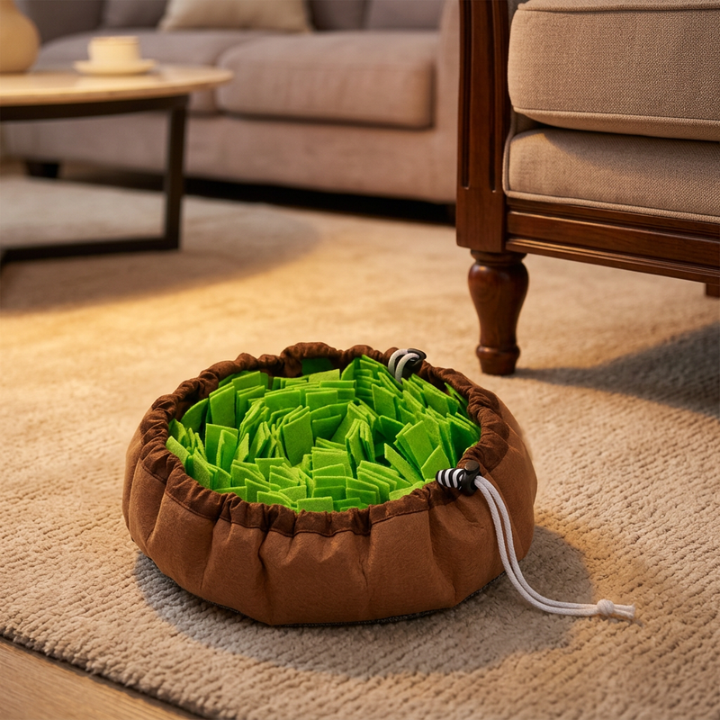 The same snuffle mat drawn up with its drawstring into a snuffle bowl, on a living-room rug