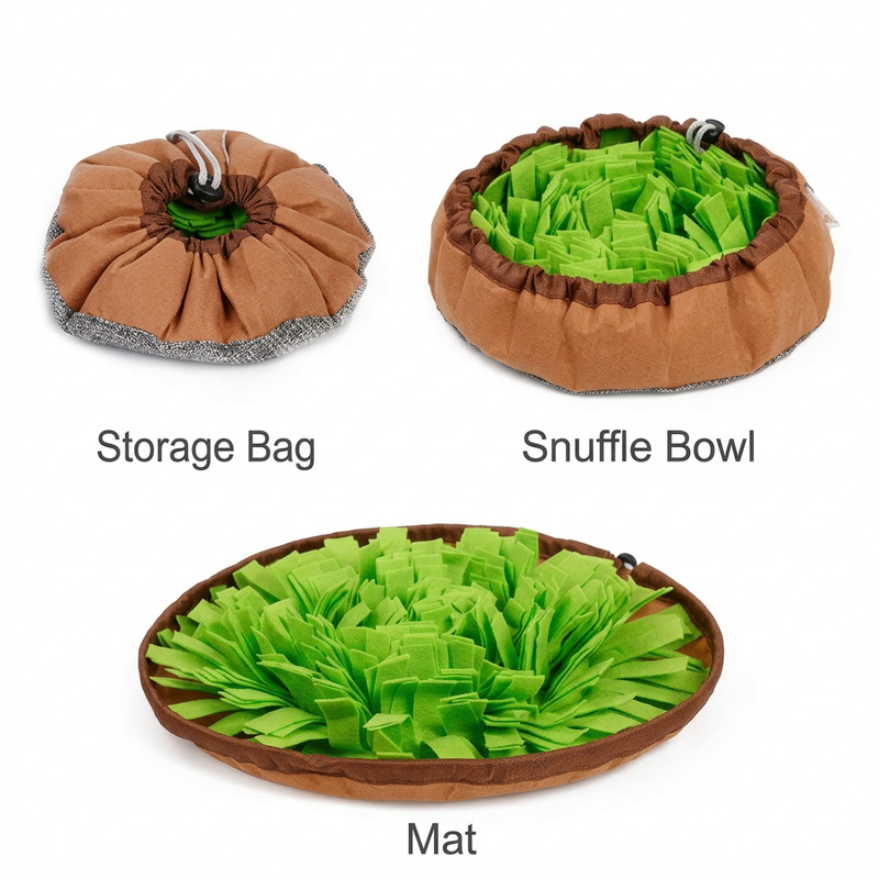 One snuffle mat, three ways: drawn closed as a storage bag, half drawn as a snuffle bowl, open flat as a mat